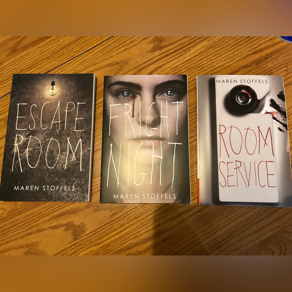 Escape room, Fright Night, and Room Service books written by Maren Stoffels